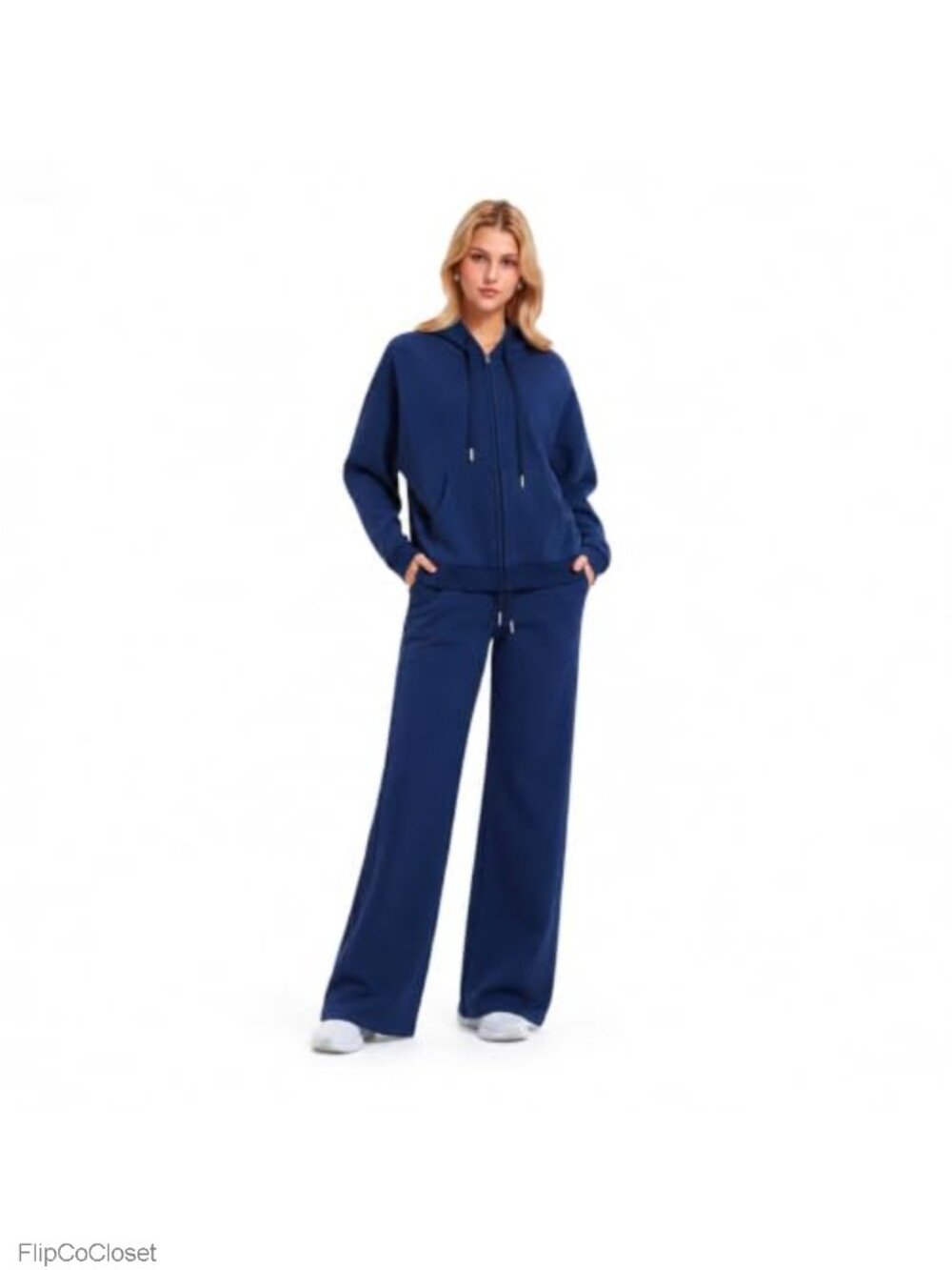 Tall Women's 2 Piece Fleece Sweatsuit Zip Hoodie & Wide Leg Pants Set